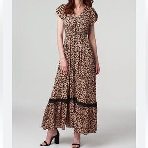 Caroline Morgan Leopard Print Maxi Dress In Multi Beige Button Up Size S